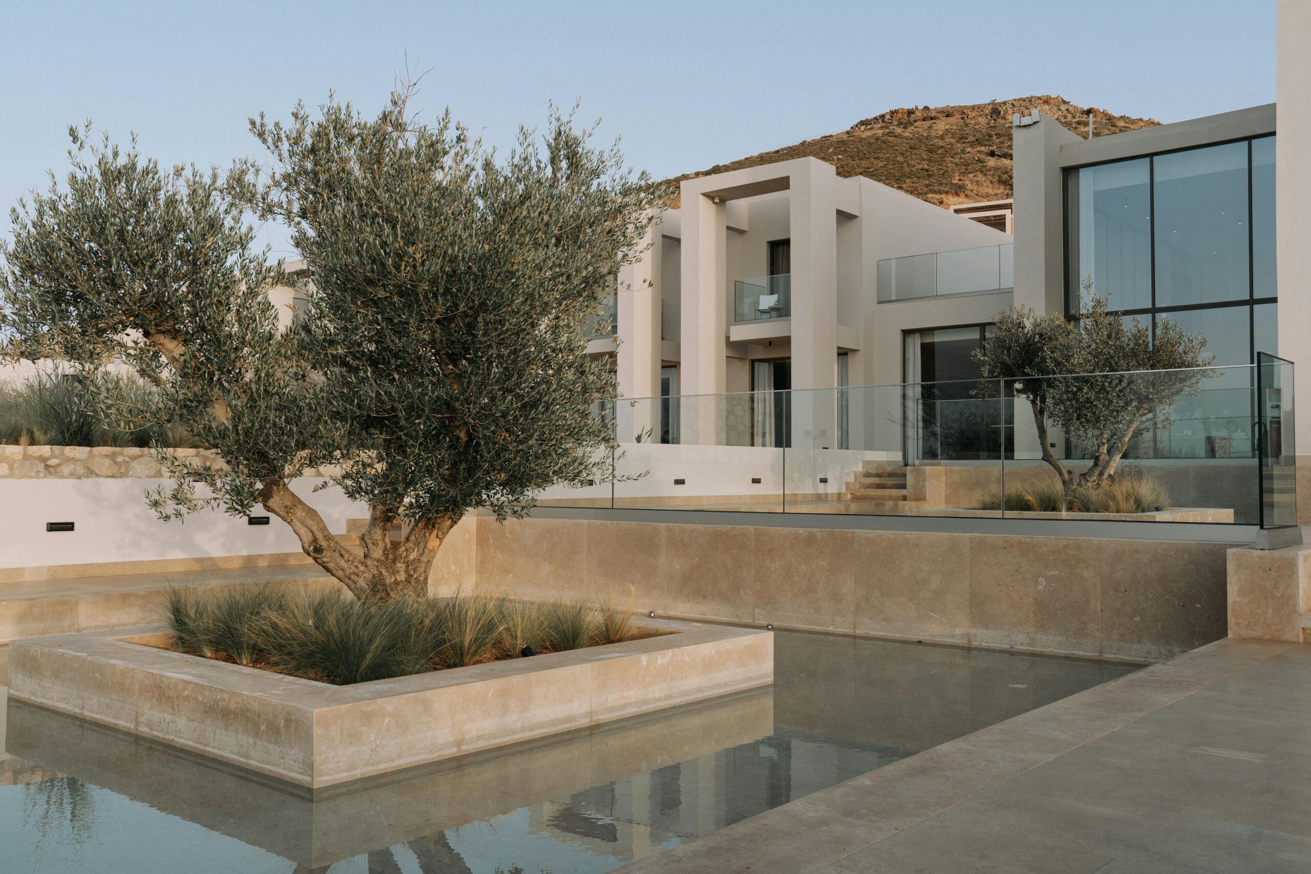 Modern luxury house exterior with glass facade, landscaped garden, and water feature.